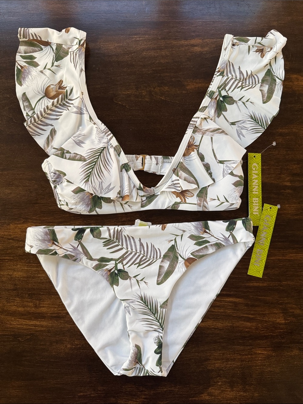Gianni Bini White Bikini Set with Green and Brown Leaf Print (Top:XS Bottom:M)
